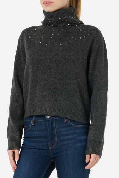 Maglione Anthracite A Collo Alto Con Strass