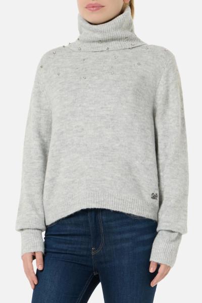 Maglione Grigio A Collo Alto Con Strass